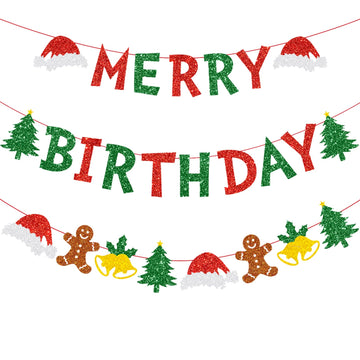 Zwiebeco Christmas Birthday Party Decorations Red Green Merry Birthday Banner Hanging Paper Christmas Tree Gingerbread Man Bells