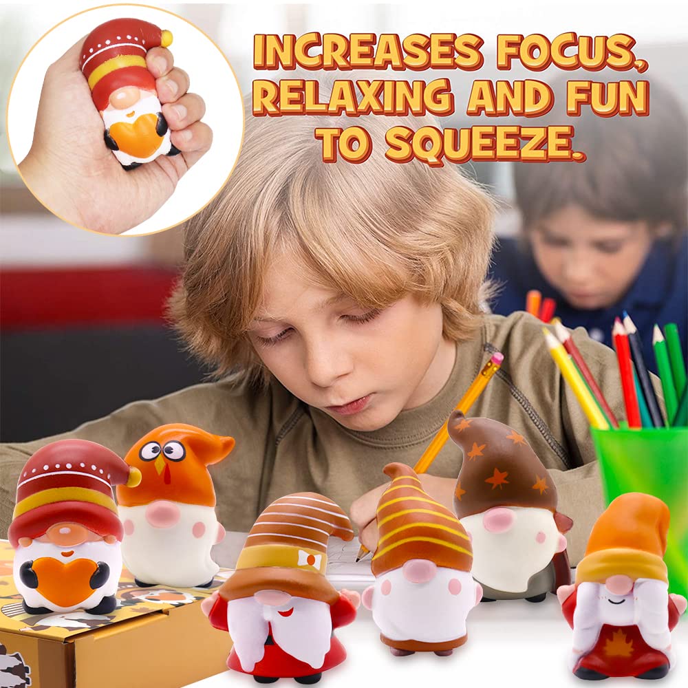 JOINBO Thanksgiving Gnomes Squishies - 6 Pack Soft Stress Relief Toys, Small, Brown, PU Material, Perfect Party Favor for Kids