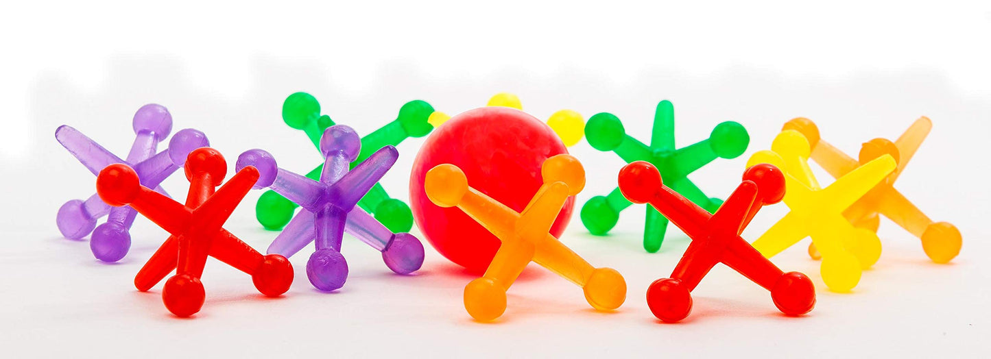 JA-RU Rainbow Big Jacks Game Set - Large Multicolor Rubber Jax & Hi Bounce Ball - Retro Party Favors, Stocking Stuffer, Classic Toy