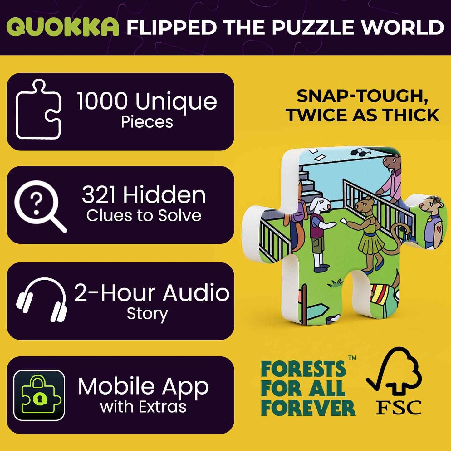 QUOKKA 1000 Piece Puzzle for mature-themeds and Teens - Animal Bash mature-themed Jigsaw Puzzles with Hidden Secrets & Audio Story - Detailed Visual Puzzle Game for Focus & Relaxation with Twist - FSC Certified Gift