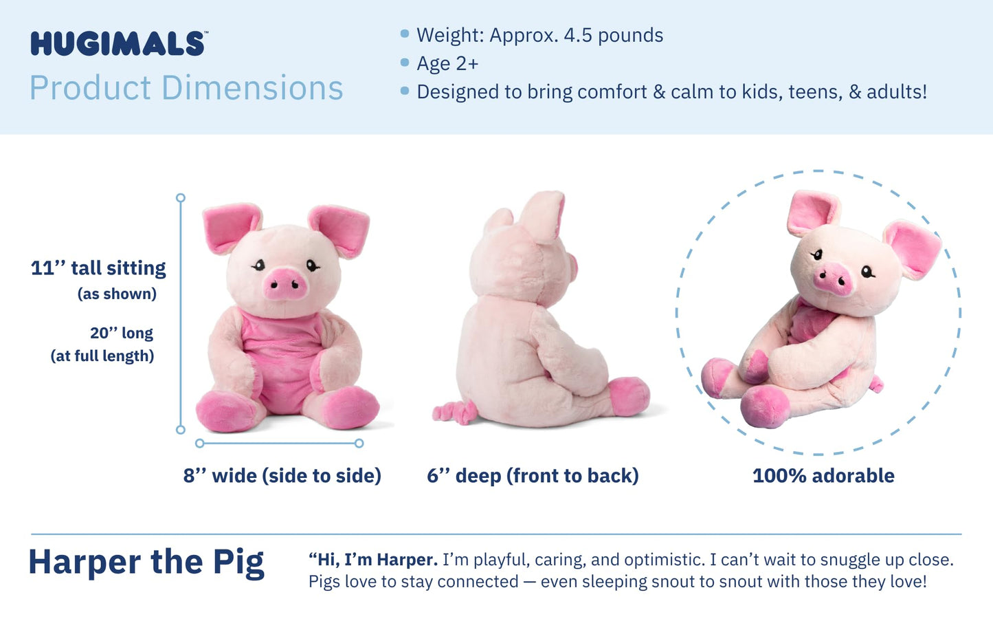 Hugimals Harper The Pig 4.5 Lb Heavy Cute Weighted Comfort Plush Large Unscented Self Care Stuffed Animal For All Ages - Kids, Teens And Adults