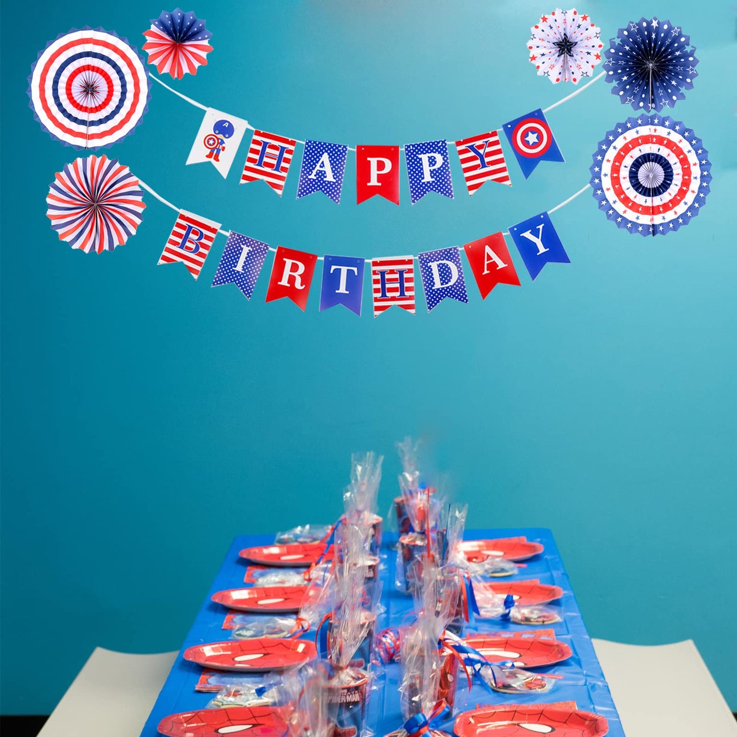 Zwiebeco Birthday Party Decoration Supplies-Red Blue White Happy Birthday Banner Bunting Garland Hanging Paper Fan Kit For Boys