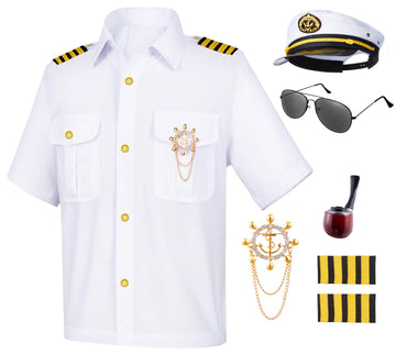 Kids Yacht Captain Sailor Costume For Boys Shirt Hat Accessories 6 Pcs Set Party Cosplay 9-10Years White