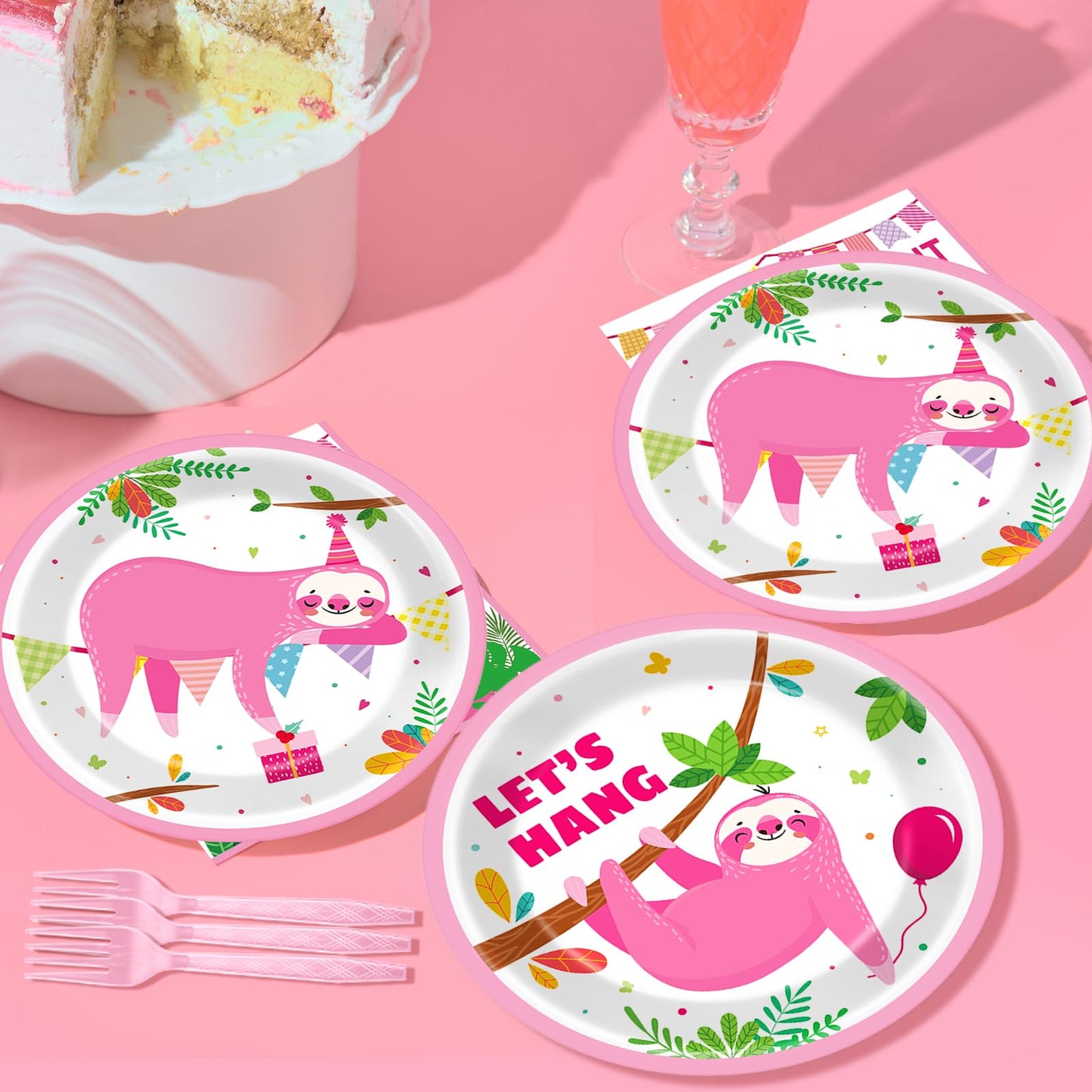 96 Pcs Sloth Animal Party Supplies Sloth Birthday Party Tableware Set For Kids Sloth Themed Paper Plate Sloth Hanging Decoration