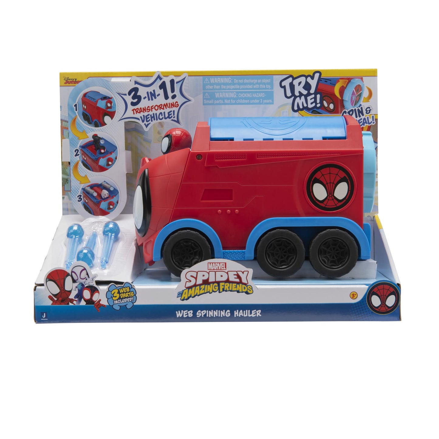 Marvel Spidey and His Amazing Friends 3-in-1 Web Spinning Hauler Vehicle - 8-Inch, Multicolor, Model SNF0081, PVC Material