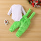 Visgogo Infant Baby Christmas Jumpsuit Set Letter Print Long Sleeve Romper Green Suspender Costume Pants (Green, 6-12 Months)