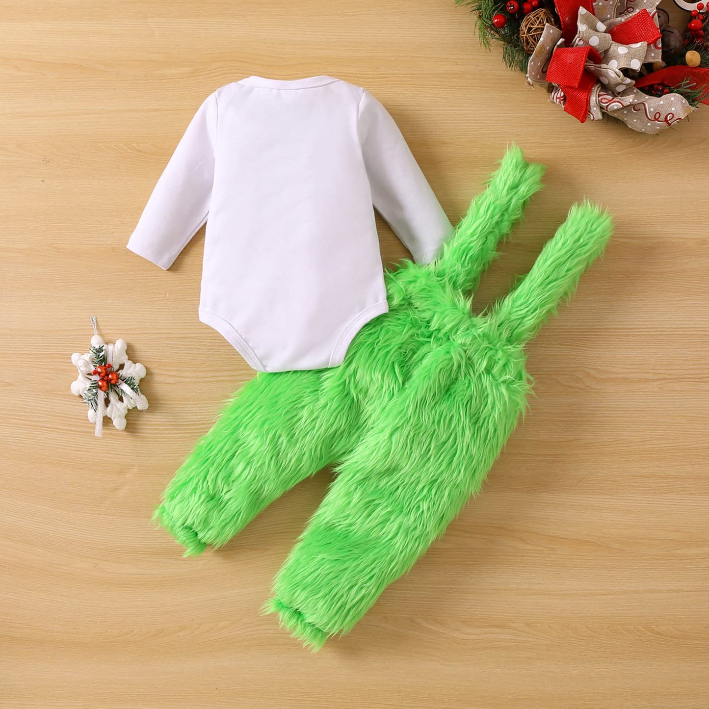 Visgogo Infant Baby Christmas Jumpsuit Set Letter Print Long Sleeve Romper Green Suspender Costume Pants (Green, 6-12 Months)