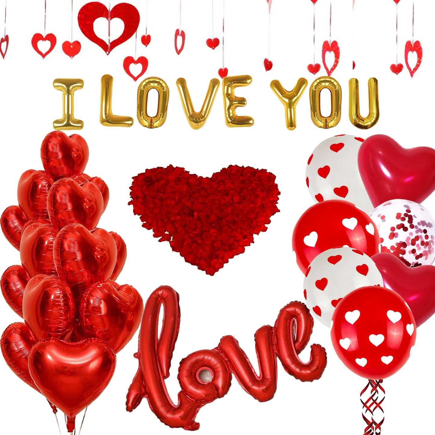 110PCS Valentines Day Balloons with 1000 Pcs Silk Rose Petals I Love You Balloons 50Pcs Heart Hanging and Heart Print Balloons