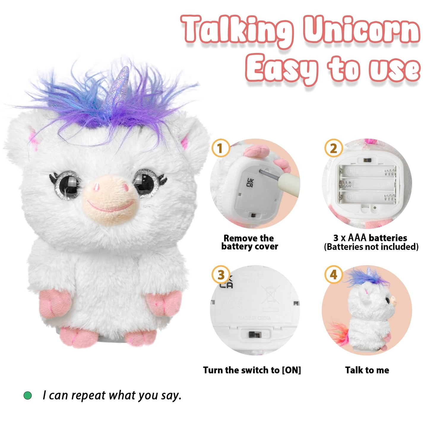 YH YUHUNG Talking Unicorn Plush - Repeat What You Say, Clear Voice Recording Toy