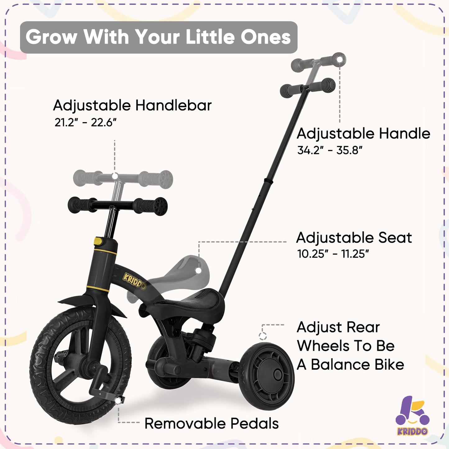 KRIDDO 4-in-1 Kids Tricycle for 1.5 to 3 Yea Old with Parent Steering Push Handle, 12 Inch Front Wheel Trike, Toddler Balance Bi