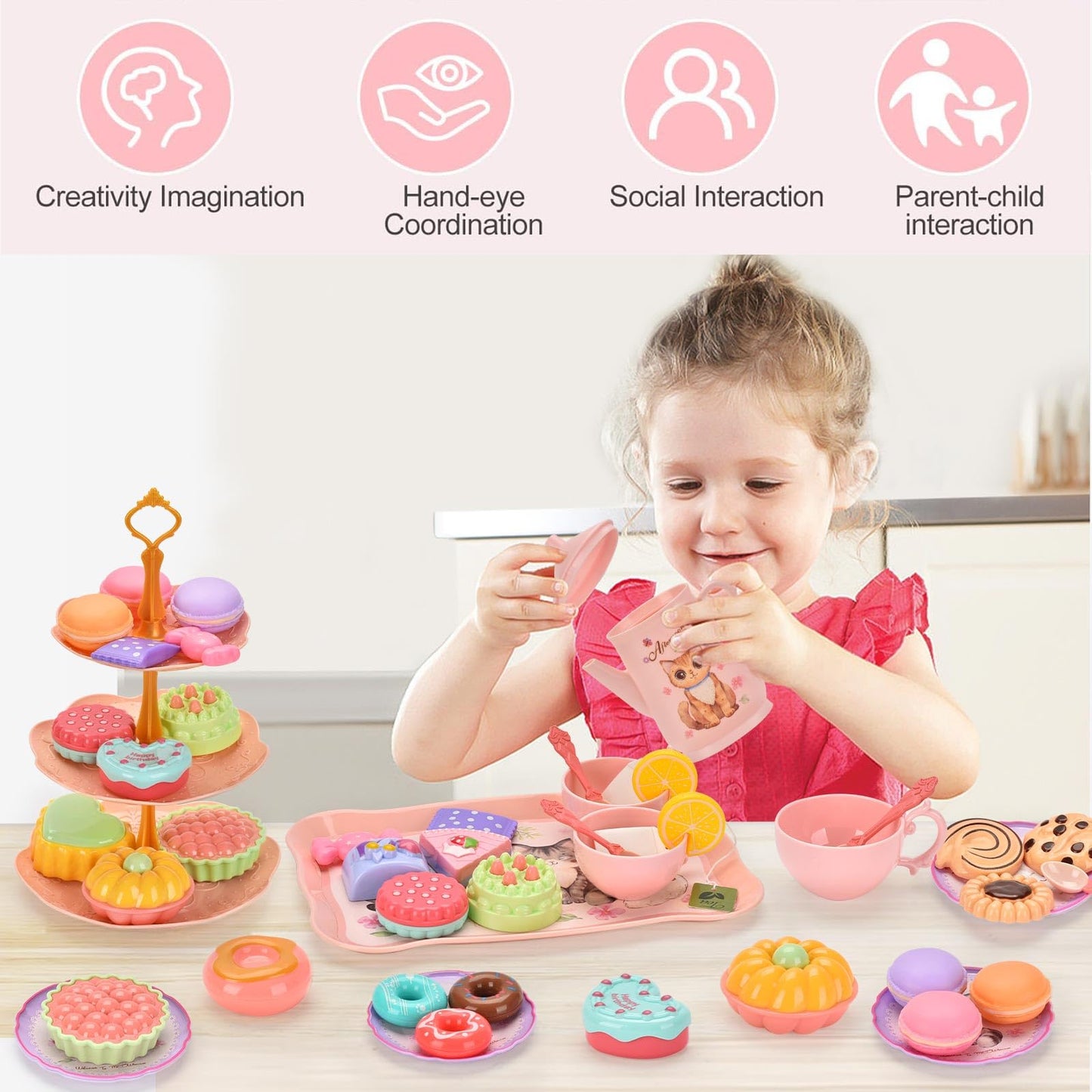 Lajeje Toddler Toys Tea Party Set for Little Girls - 44 pcs Pretend Plastic Teapot Set, Princess Tea Time Play Kitchen Toy with