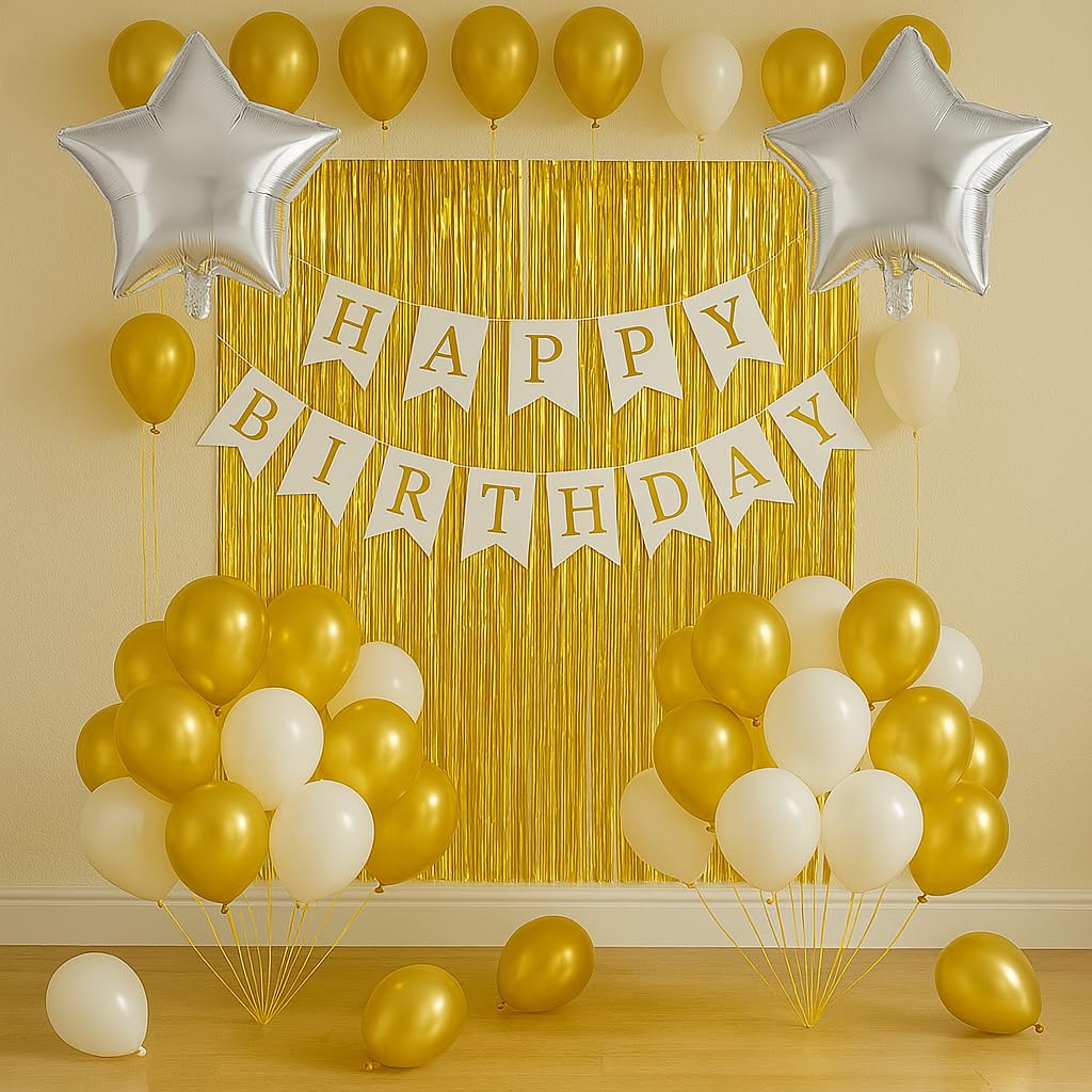 Flyloons Birthday Decoration Items for Girls Boys with Golden and White theme Metallic Balloons, Silver Star Foil Balloons, Gold