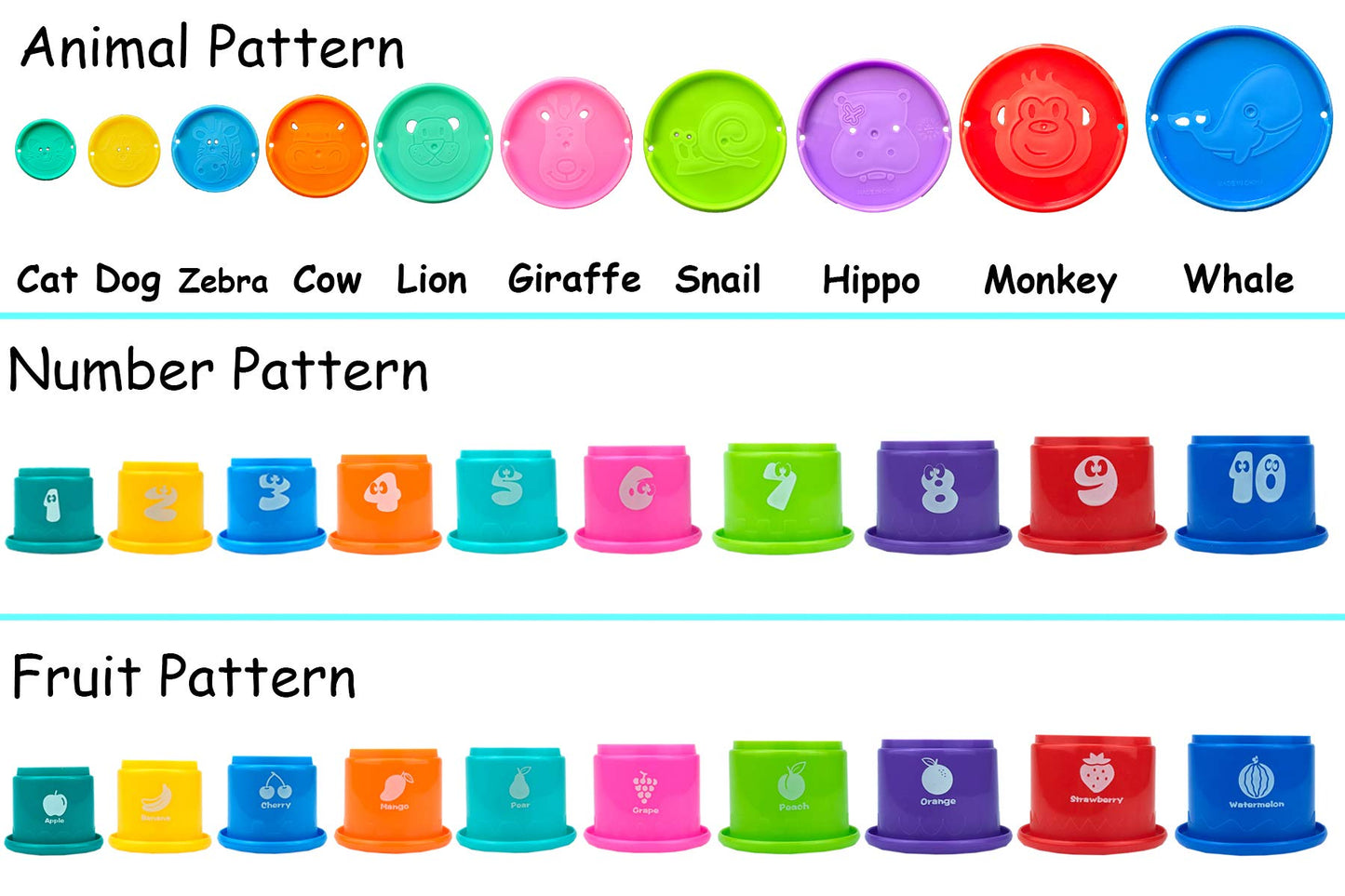 Ella Dream 17 Pcs Multicolor Nesting And Stacking Cups Set, Baby Bathtub Toys, Early Learning Educational Toys For Infants, Toddlers, Stacking Cups With The Numbers, Shapes, Fruits, Animals Patten