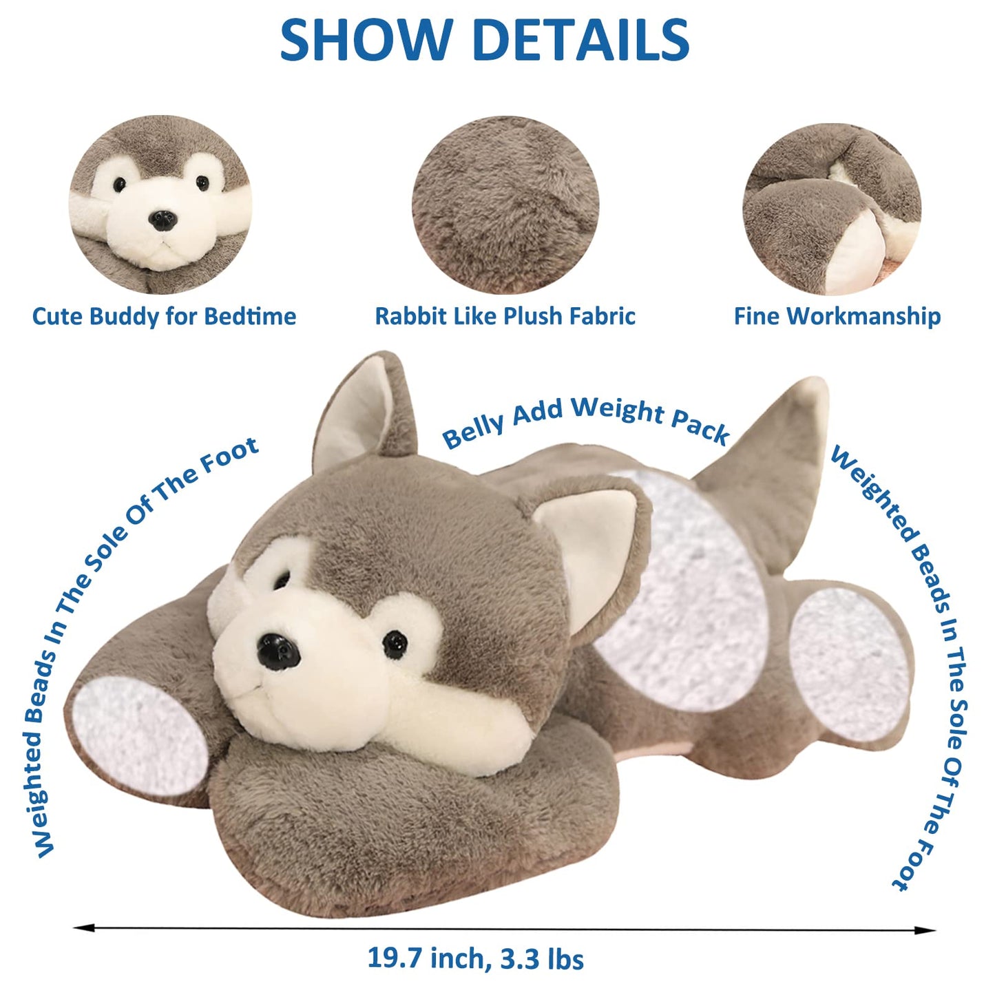 ronivia Weighted Husky Plush Toy, 19.7" Grey Stuffed Animal, 3.3lbs Soft Pillow, Cute Plush for Comfort and Cuddling