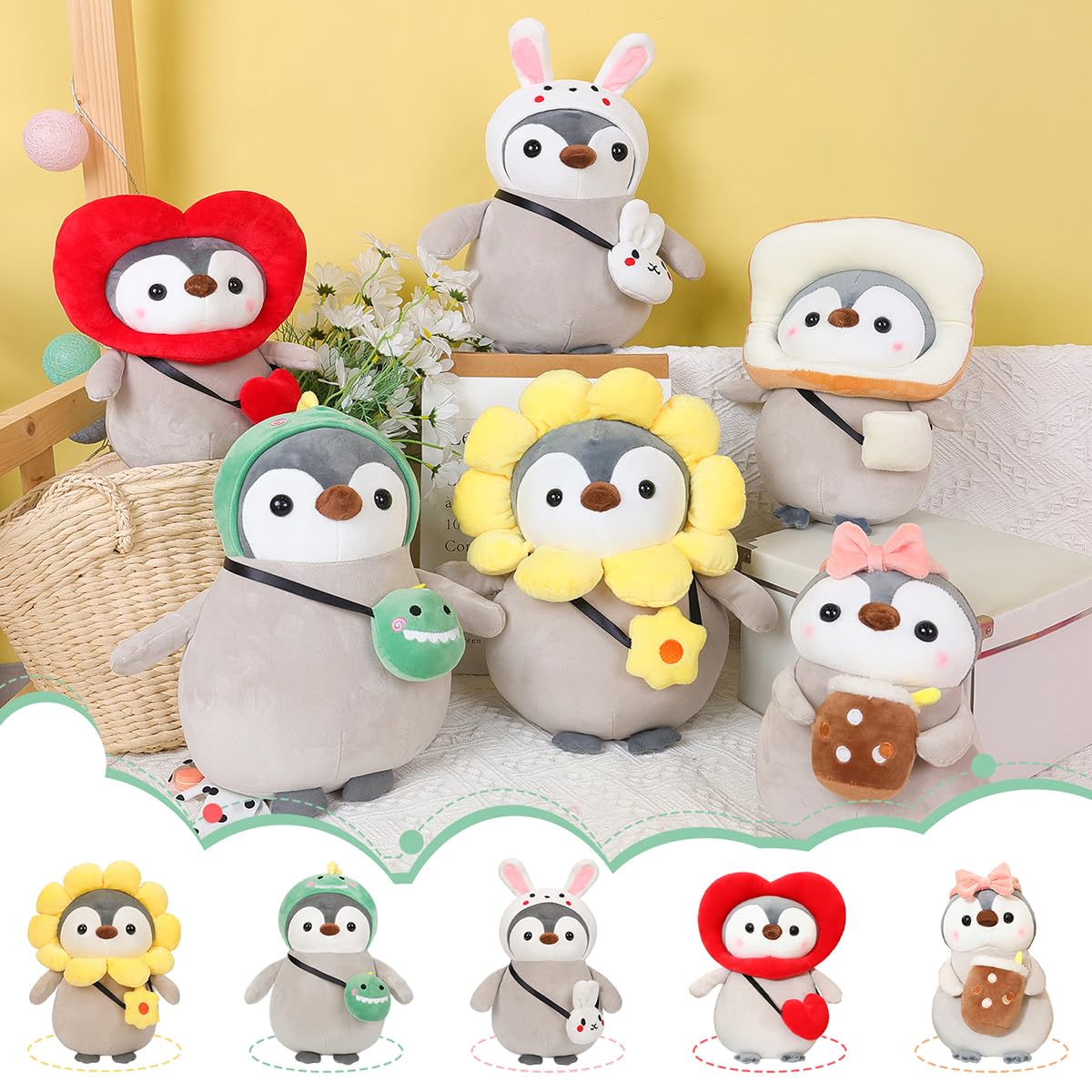 Meleceri Cute Penguin Plush Stuffed Animal Penguin With Funny Dinosaur Outfit Gifts, 13.7 Inches
