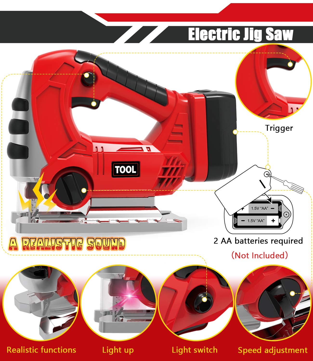 Kids Tool Set with Electric Toy Drill Chainsaw Jigsaw Toy Tools, Realistic Kids Power Construction Pretend Play Tools Set Toy ST