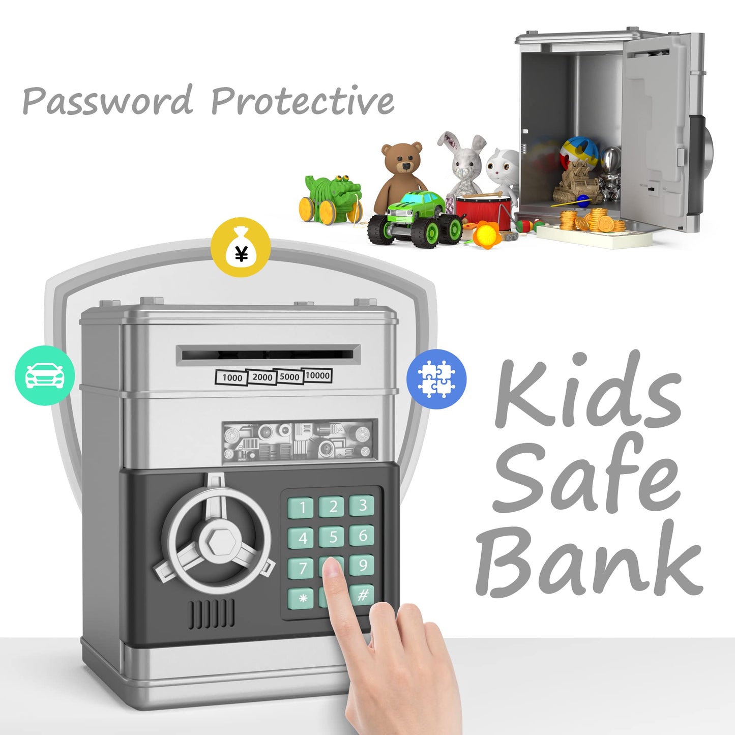JUNEU Piggy Bank for Kids, Toys for 5 6 7 8 9 10 Year Old Kids Birthday Gifts, Electronic Kids Piggy Bank, Money Savings Box ATM
