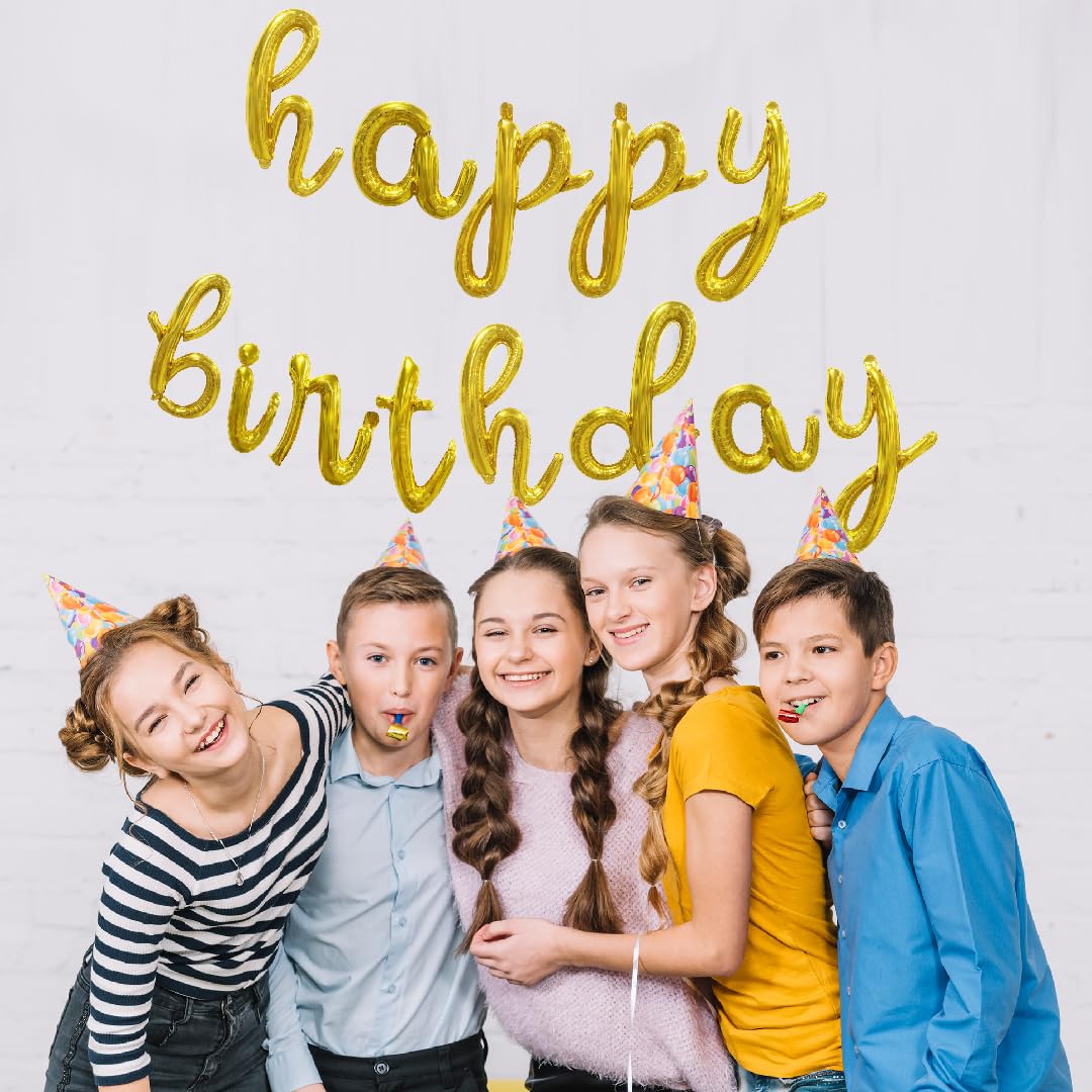 Balloon Vibe Gold Happy Birthday Balloon Banner - Script/Cursive Gold Mylar Foil Letters Banner For Birthday Decor - Happy Birth