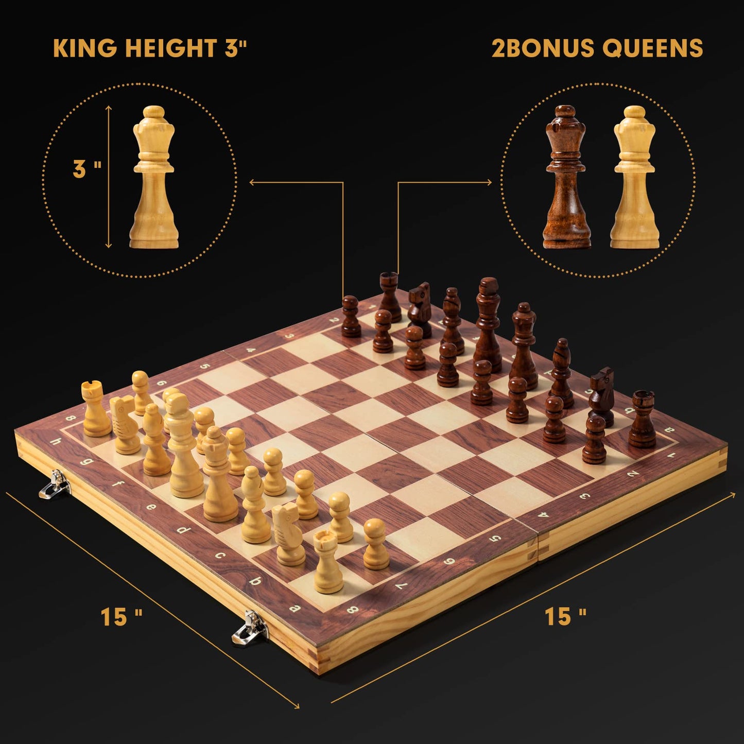 LuckyWish 15" Magnetic Wooden Folding Chess Set - Handmade, Bronze, Includes 2 Extra Queens, Model SA-123, Perfect for Adults & Kids
