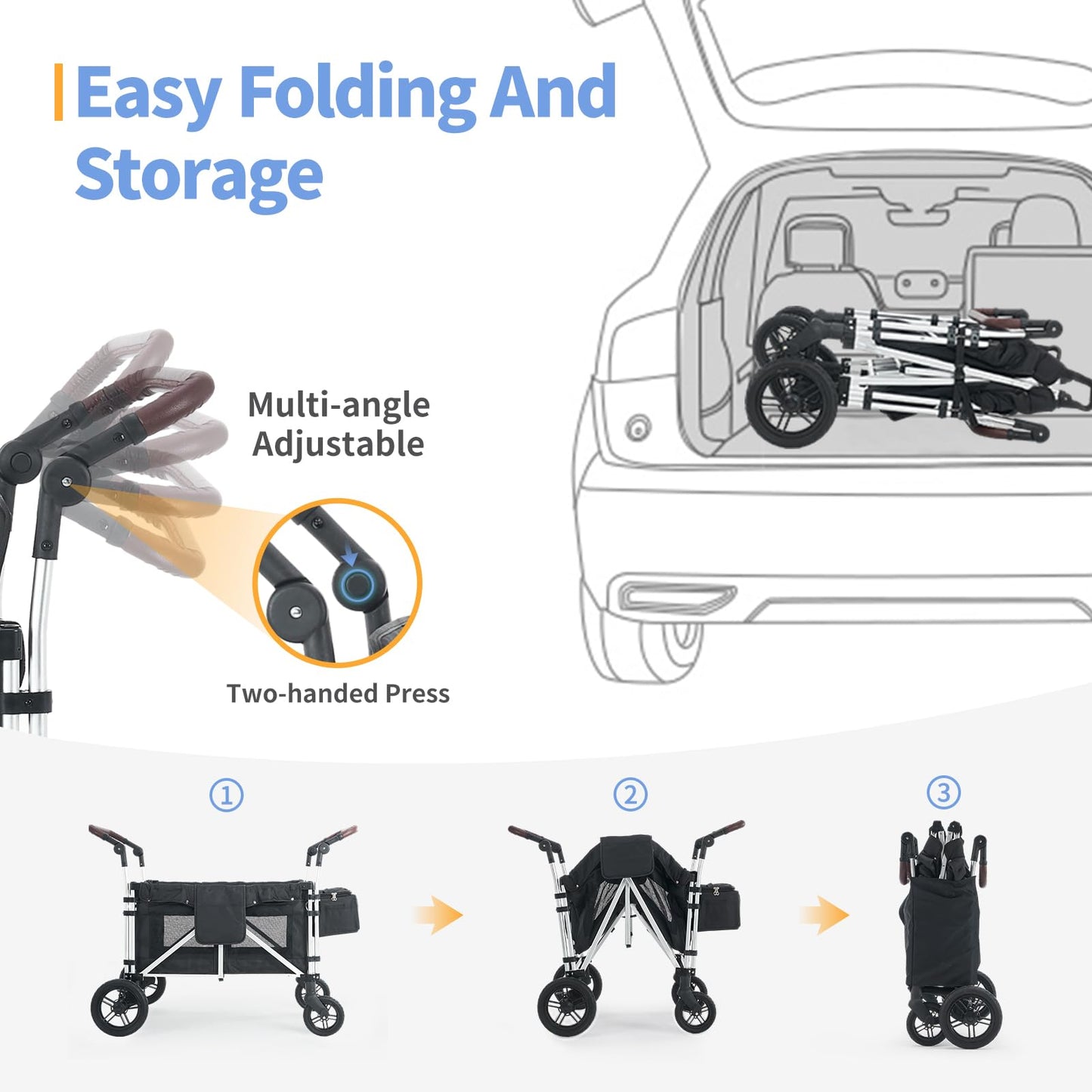 Stroller Wagon For 4 Kids, Wagon Cart Featuring 4 High Seat With 5-Point Harnesses And Adjustable Canopy, Foldable Double Push B