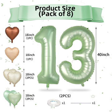 Biapian 40 Inch Sage Green Number 13 Balloons, Large Foil Number 1 & 3 Balloons With 18'' Cream Brown Heart Balloons For 13Th Ye