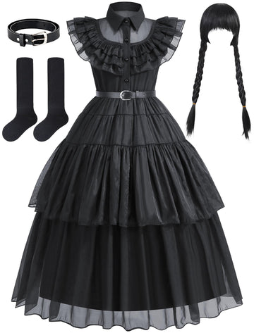 knemmy Black Costume Dress for Girls Kids Toddler Birthday Halloween Cosplay Outfit Black Party Dress (5T/120)