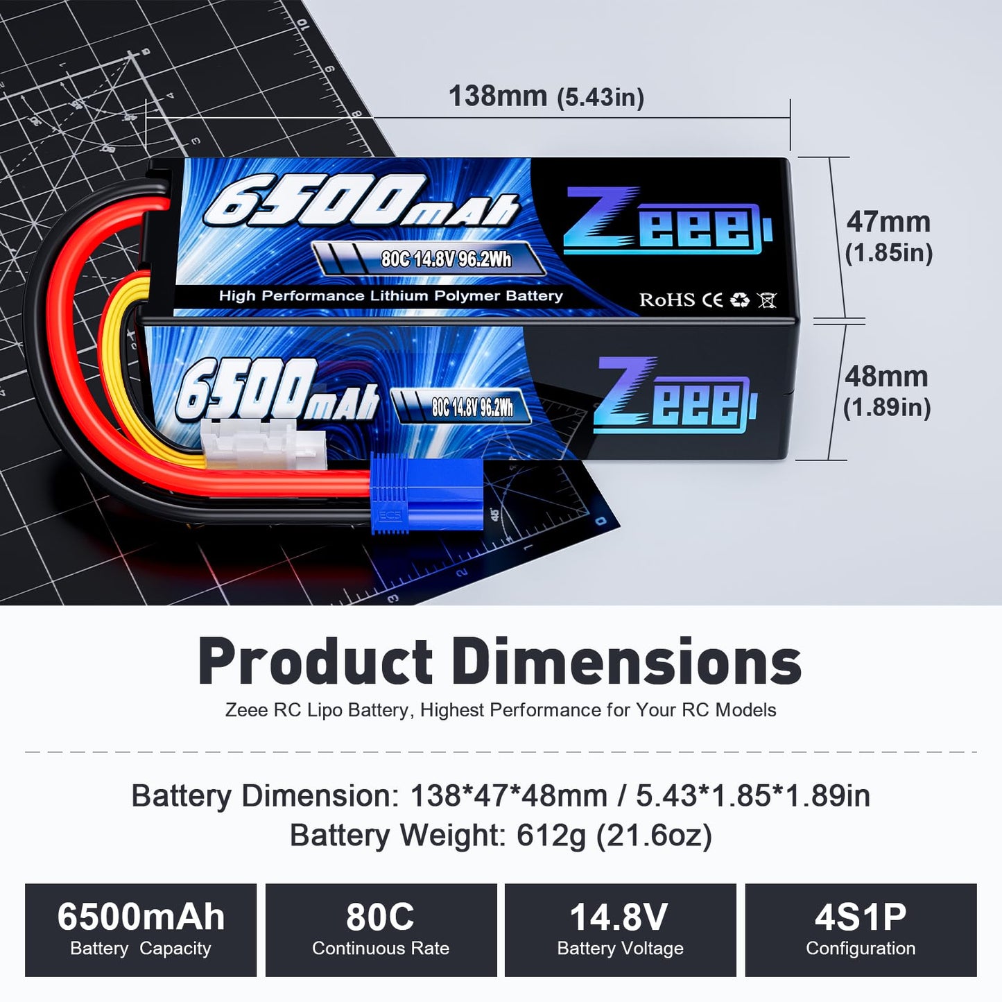 Zeee 4S Lipo Battery 14.8V 6500mAh 80C Hard Case with EC5 Connector Compatible with RC 1/8 1/10 Scale Vehicles Car Trucks Boats