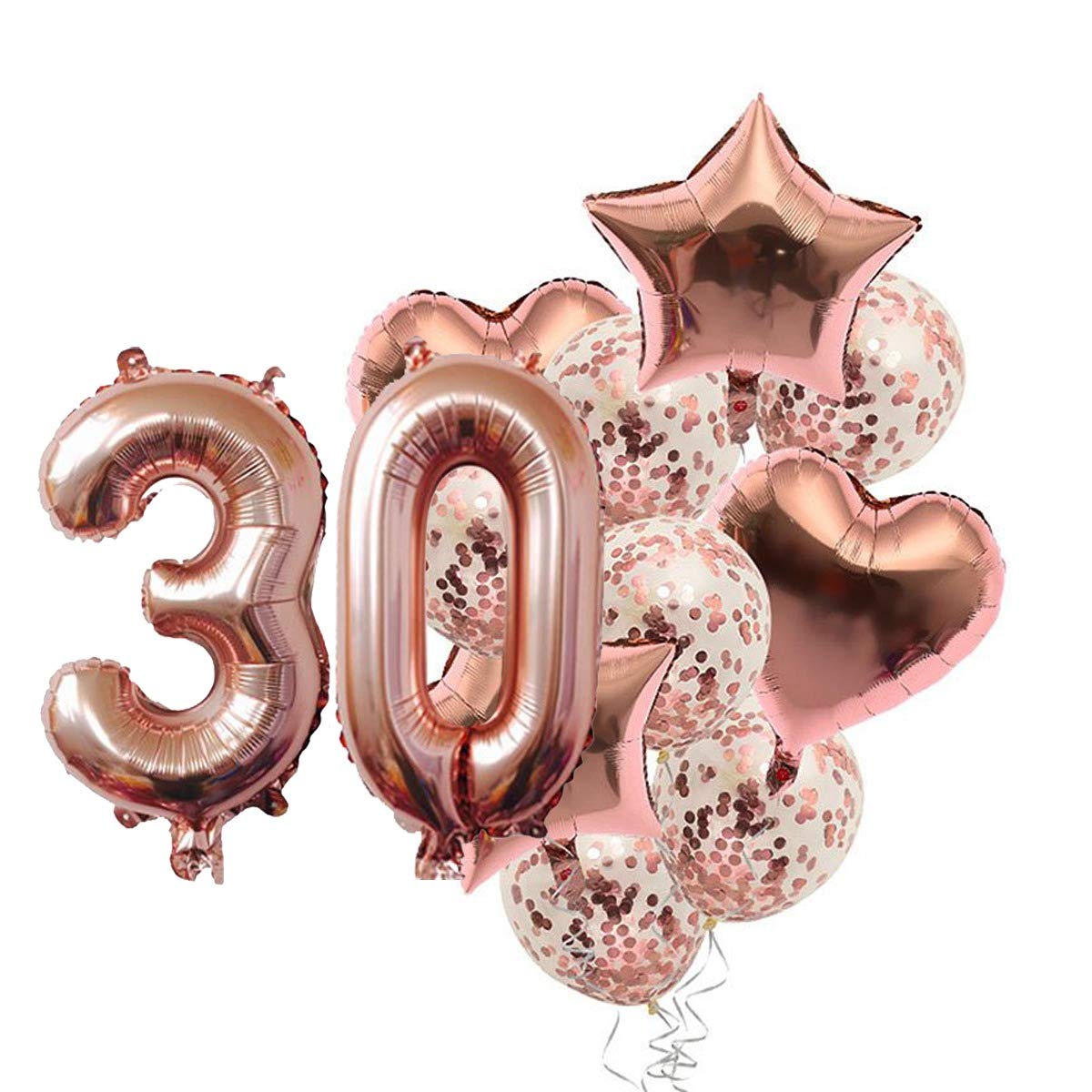 Pop The Party Nylon 30Th Number Balloon With 30 Digit Balloon For Including Star, Heart And Confetti Balloons, Multicolor, 14 Pc