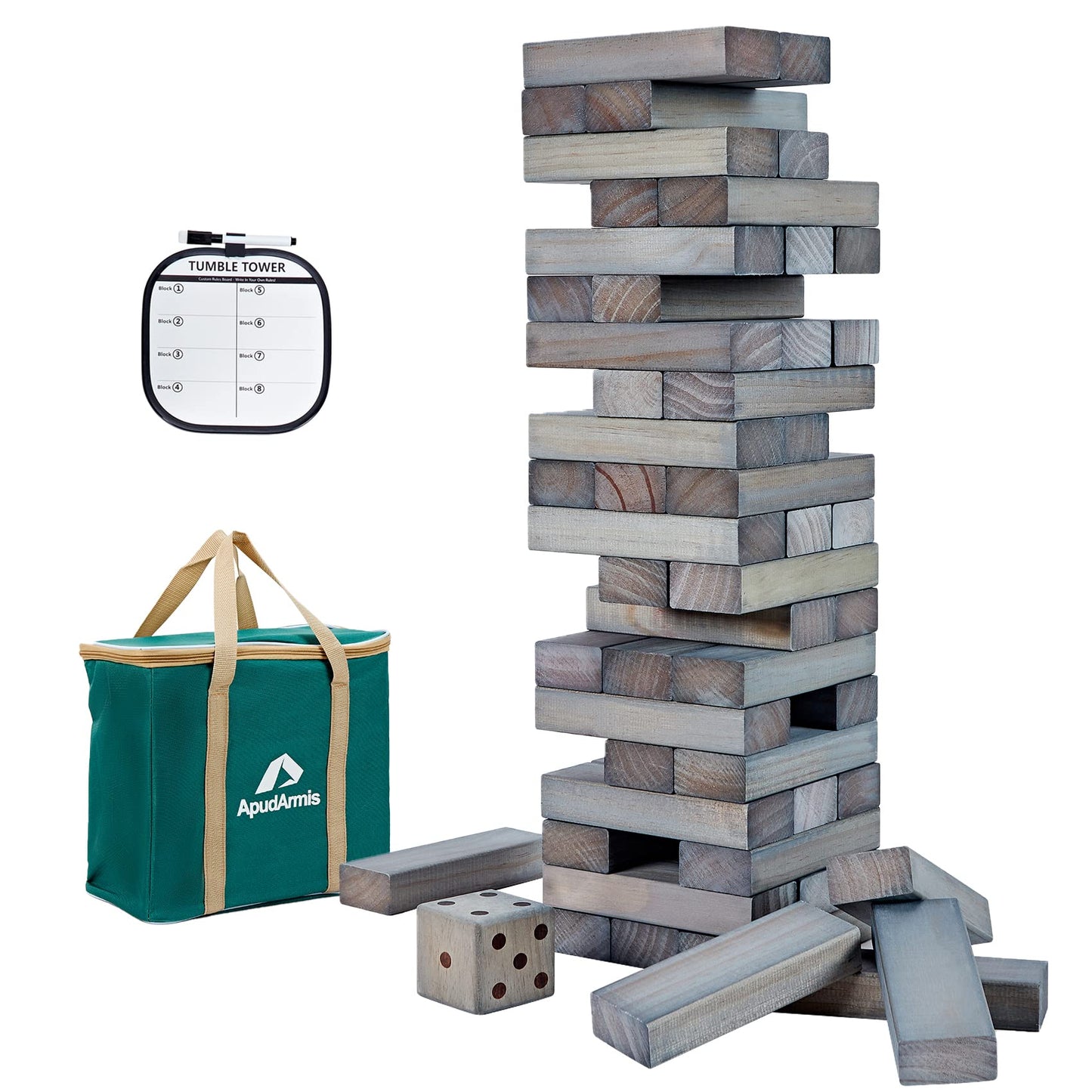 Apudarmis Giant Tumble Tower (Stack From 2Ft To Over 4.2Ft), 54 Pcs Pine Wooden Stacking Timber Game With 1 Dice Set - Classic Block Giant Outdoor Game For Teens Adults Family (Gray)