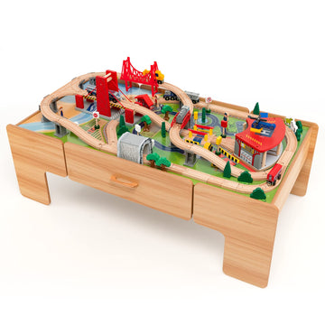 Honey Joy Train Table, Wooden Kids Activity Table With Storage, 100 Multicolor Pieces, Tracks, Trains, Cars, Toddler Train Table