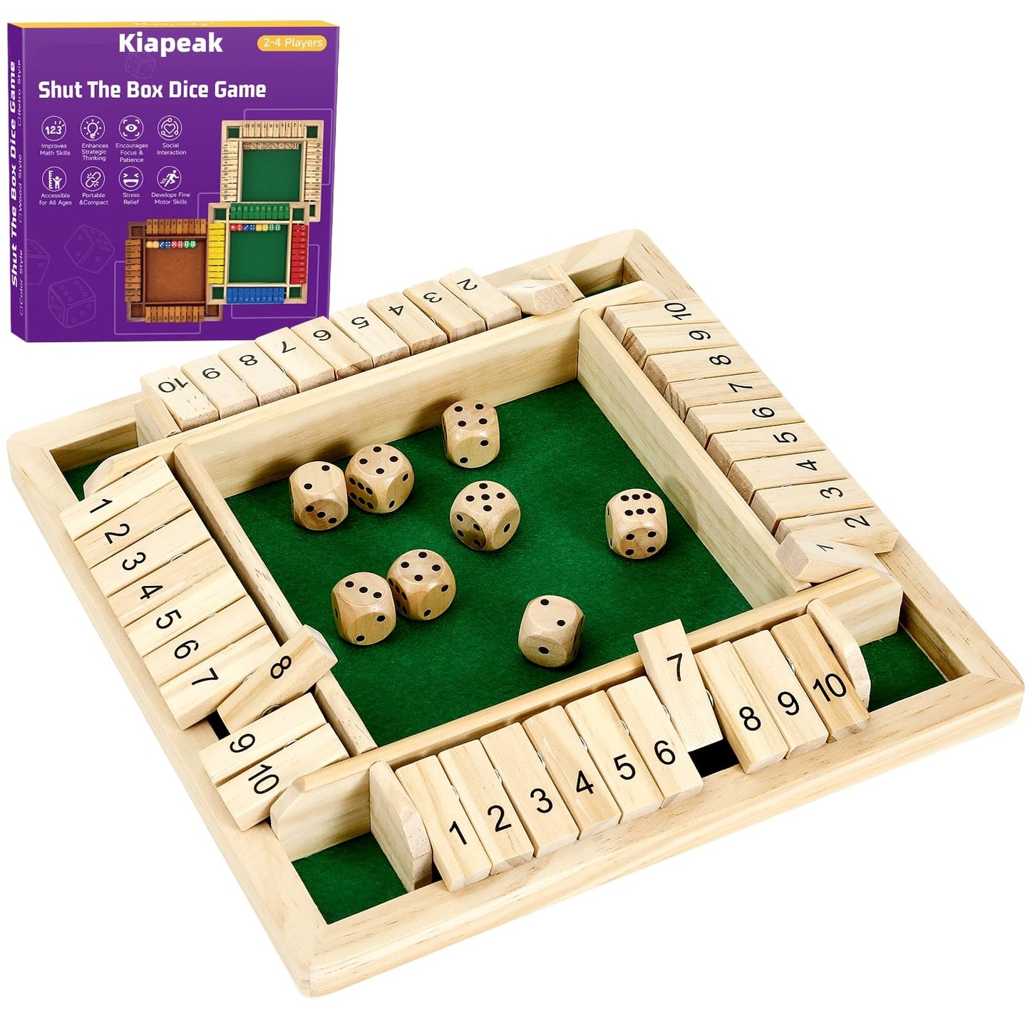 Kiapeak 1-4 Players Shut The Box Dice Game, Traditional Wooden Pub Bar Board Game, Family Classics Tabletop Version Games For Cl