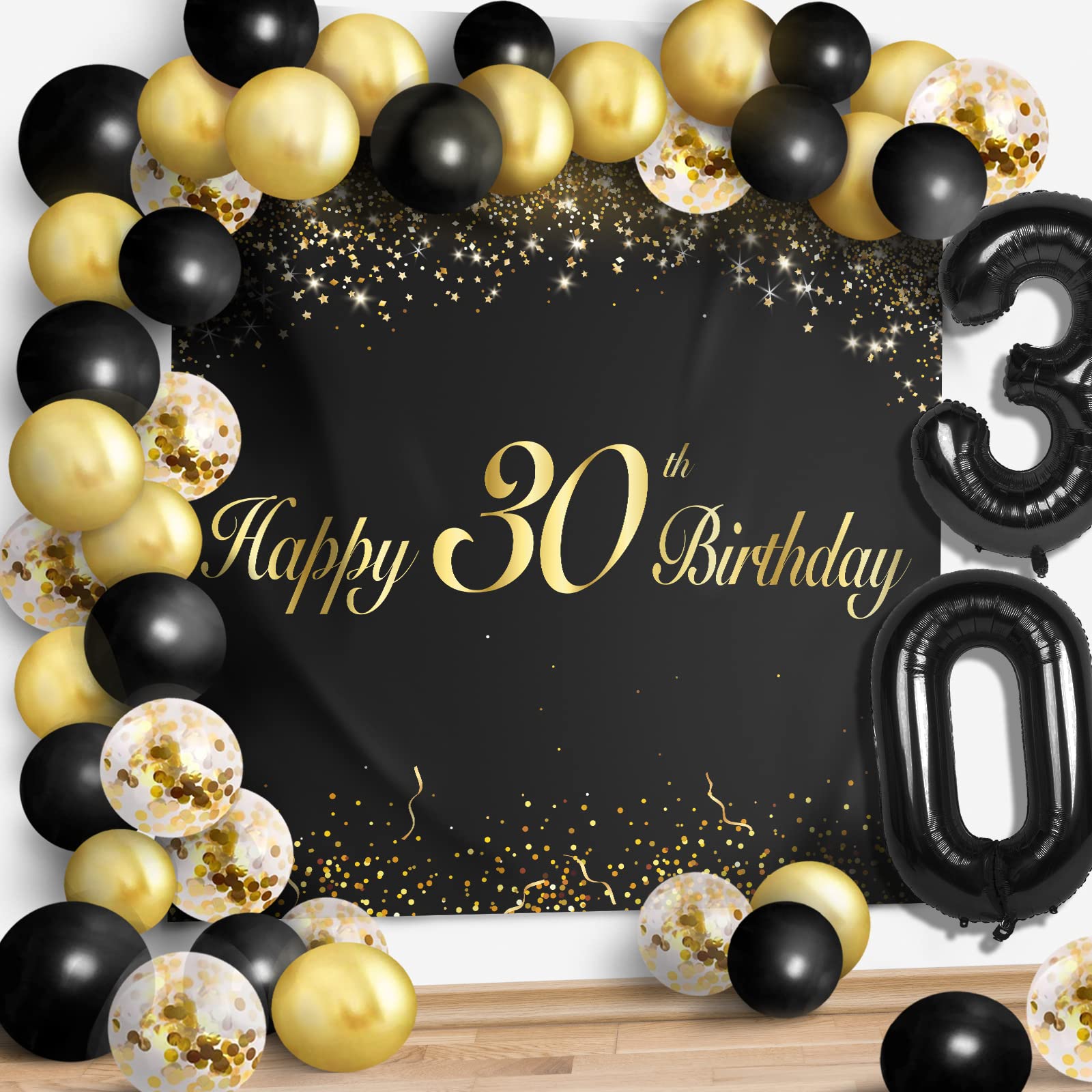 Happy 30Th Birthday Balloons Black Set Decor - Cheers To 30 Years Old Party Theme Garland Banner Backdrop Decorations For Women