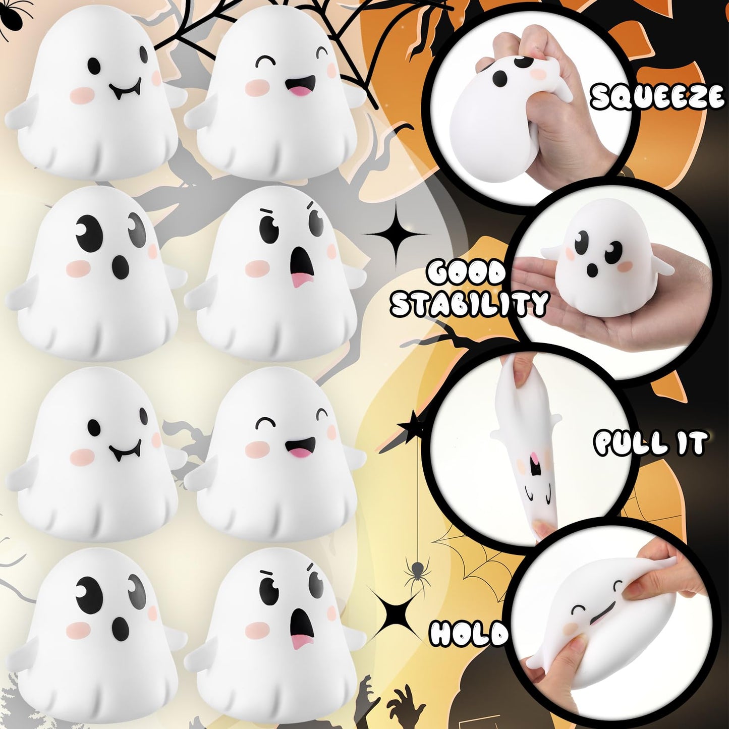 Meooeck 12 Pcs Halloween Ghost Stress Relief Toys Mini Ghost Toys for Relief Fidget Squeeze Balls Halloween Stress Balls Party F
