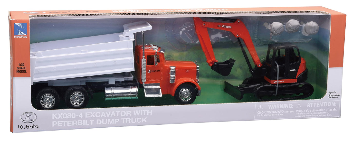 Peterbilt Dump Truck Kubota'' Orange And White With Kubota Svl95-2S Compact Track Loader Orange And Black And Boulders Set Of 2