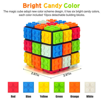 Acrofek Speed Cube 3X3 Build-On Brick Cube, Brain Teaser Puzzles Magic Cube With Building Blocks, Creative Puzzle Cube Toys For