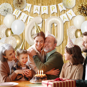 60Th Birthday Decorations, Happy 60Th Birthday Decorations White And Gold Balloons Happy Birthday Banner Tablecloth Fringe Curta