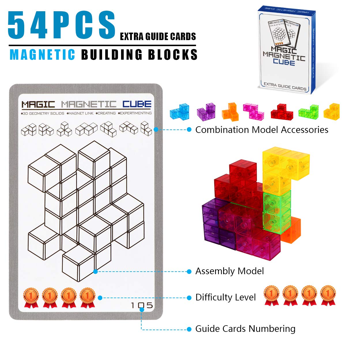 DASDAX Magnetic Building Blocks Magic Magnetic 3D Puzzle Cubes, Set of 7 Multi Shapes Magnetic Blocks with 54 Guide Cards, Intel