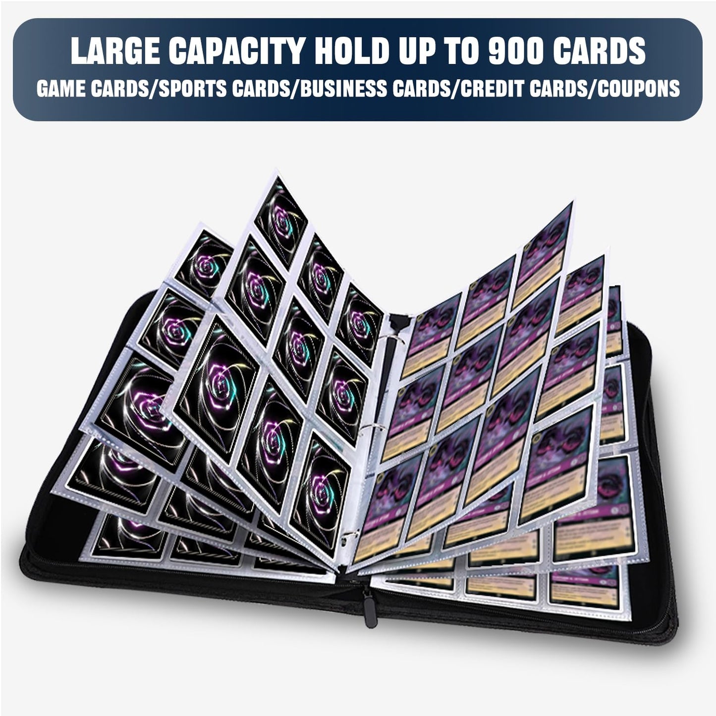 LOMONEH Card Binder for Lorcana Cards  enhanced 9 Pocket Trading Card Album Fits 900 Cards with 50 Removable Sleeves Compatible with TCG  MTG  Sports  Game Trading Cards (Black)