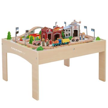 Teamson Kids Train Table Set With 85 Pieces, Preschool Play Lab Activity Table With Wooden Trains, Cars, Railroad, Town Scenery, & More For Kids & Toddlers, Wood Color
