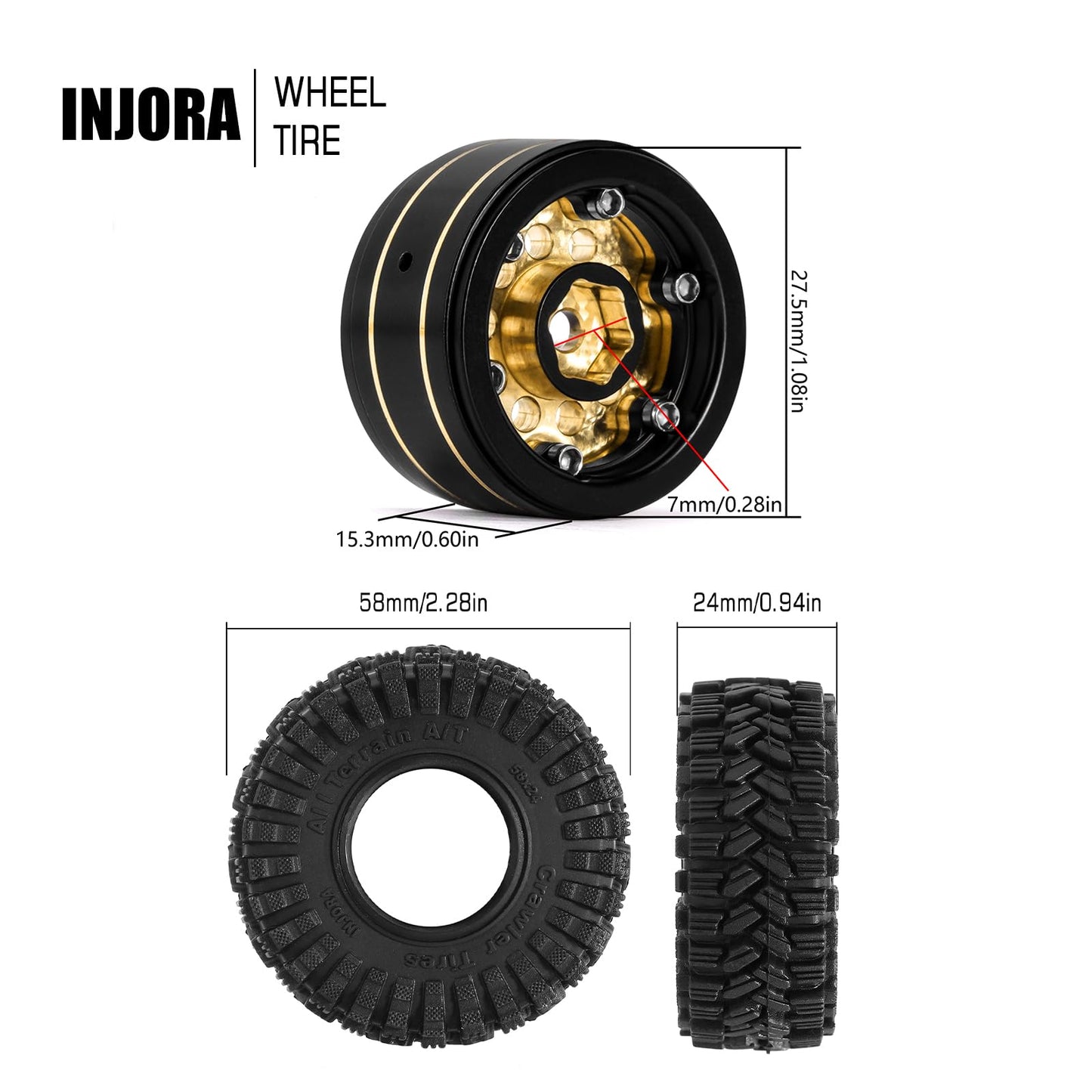 INJORA Black Coating Brass 1.0 Beadlock Wheel Tires Set for Axial SCX24 AX24 TRX4M FCX24 Upgrade 1/24 1/18 RC Crawler Car(Black)