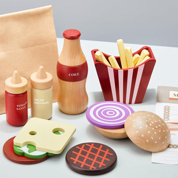 Toywoo Wooden Play Food Set - Pretend Hamburger Fast Food Toy for Kids, Educational Kitchen Accessories, Gift for Boys & Girls, Yellow