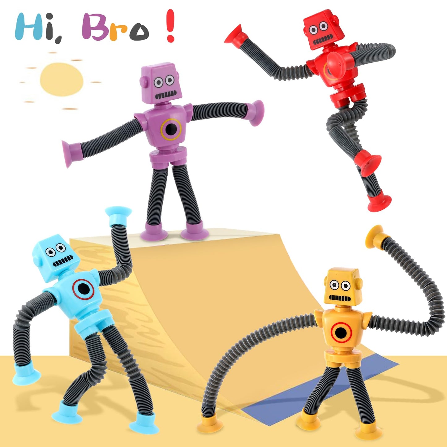 Pop Tubes Led Robot 4 Pcs Light Up Fidget Tubes Sensory Toys Robot Telescopic Suction Cup, Toddler Autism Stress Relief Toys Sto