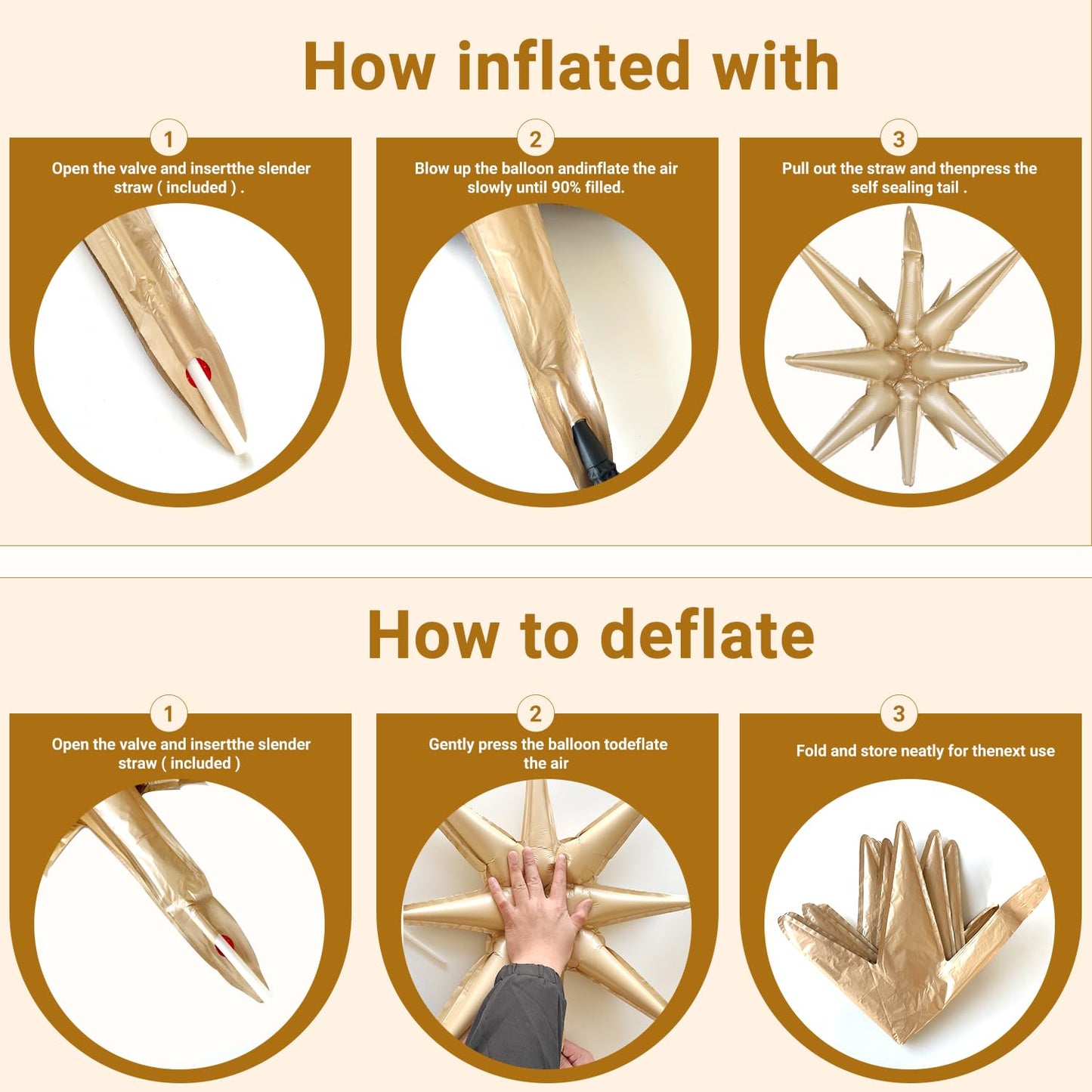 6 Pcs Caramel Colour Star Foil Balloons One-Piece 14-Pointed Star Balloons 4D Starburst Cone Mylar Balloons 22Inch Christmas Bir