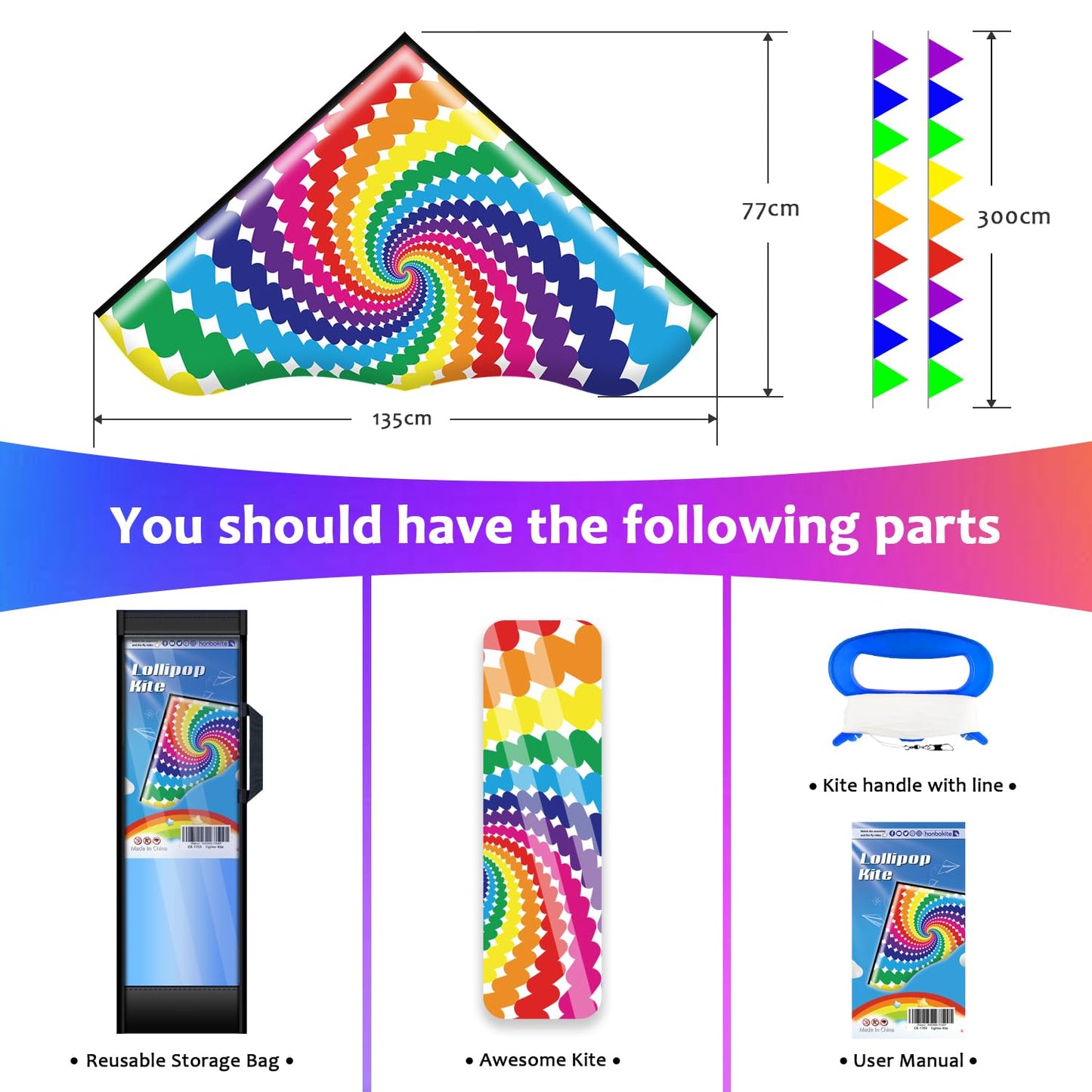 Honbo Lollipop Kite For Adults And Kids,Easy Flyer Large Kite With 2X11.5Ft Detachable Tails, The Easiest Single Line Beach Kite