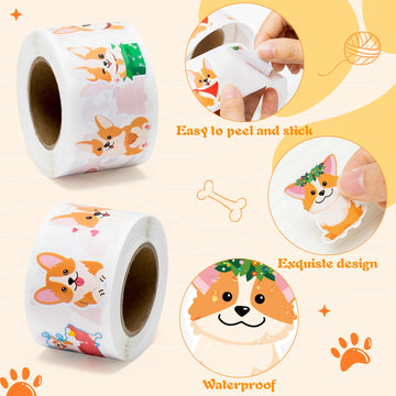 Beyumi Cute Corgi Roll Stickers - 1000Pcs Corgi Stickers In 2 Rolls Waterproof Vinyl Cute Fancy Pets Dogs Animal Decals For Cars Phone Laptop Bottle Notebook Luggage Computer Envelope Decor For Kids