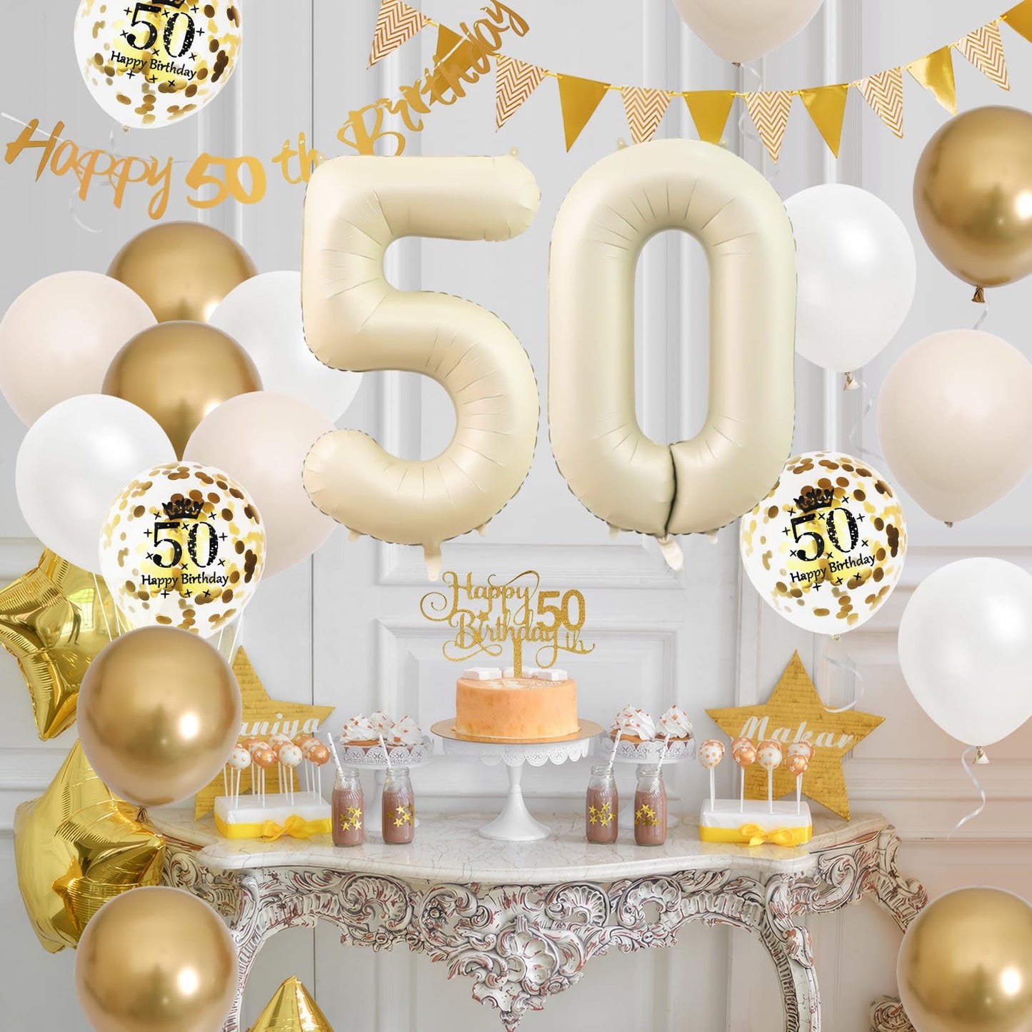 50Th Birthday Decorations Sand White Gold,50Th Birthday Balloons Beige Gold,Happy 50Th Birthday Banner With Cake Toppers Number