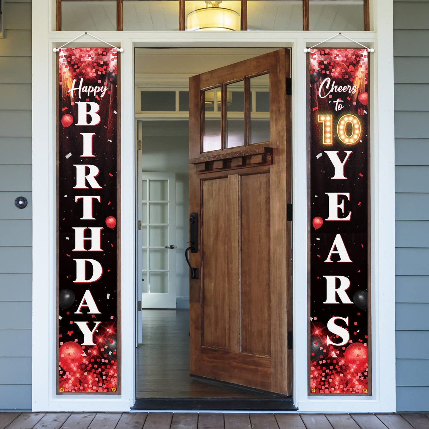 Happy 10Th Birthday Porch Sign Door Banner Decor Red And Black - Glitter Cheers To 10 Years Old Birthday Party Theme Decorations