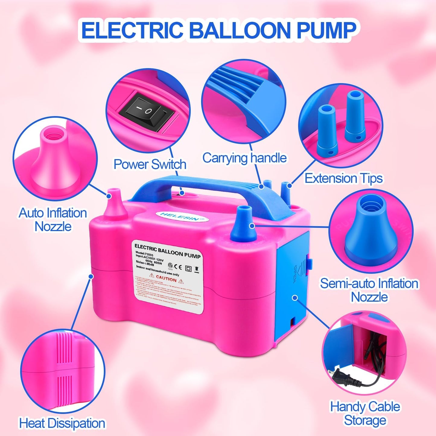HELESIN Electric Air Balloon Pump - 600W Dual Nozzle Inflator for Party, Birthday, Baby Shower - Portable, Red and White Balloons, 12inch
