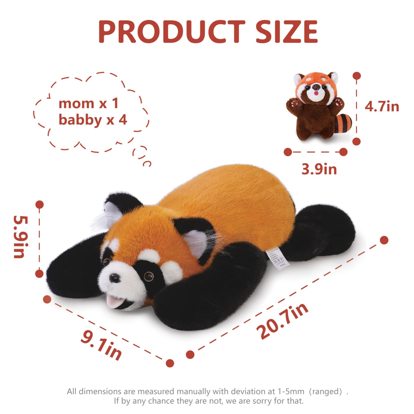 Niuniu Daddy 20'' | 5Pcs Red Panda Weighted Stuffed Animals Family Set, Mommy Red Panda Plush With 4 Babies Toys Inside, Cute La