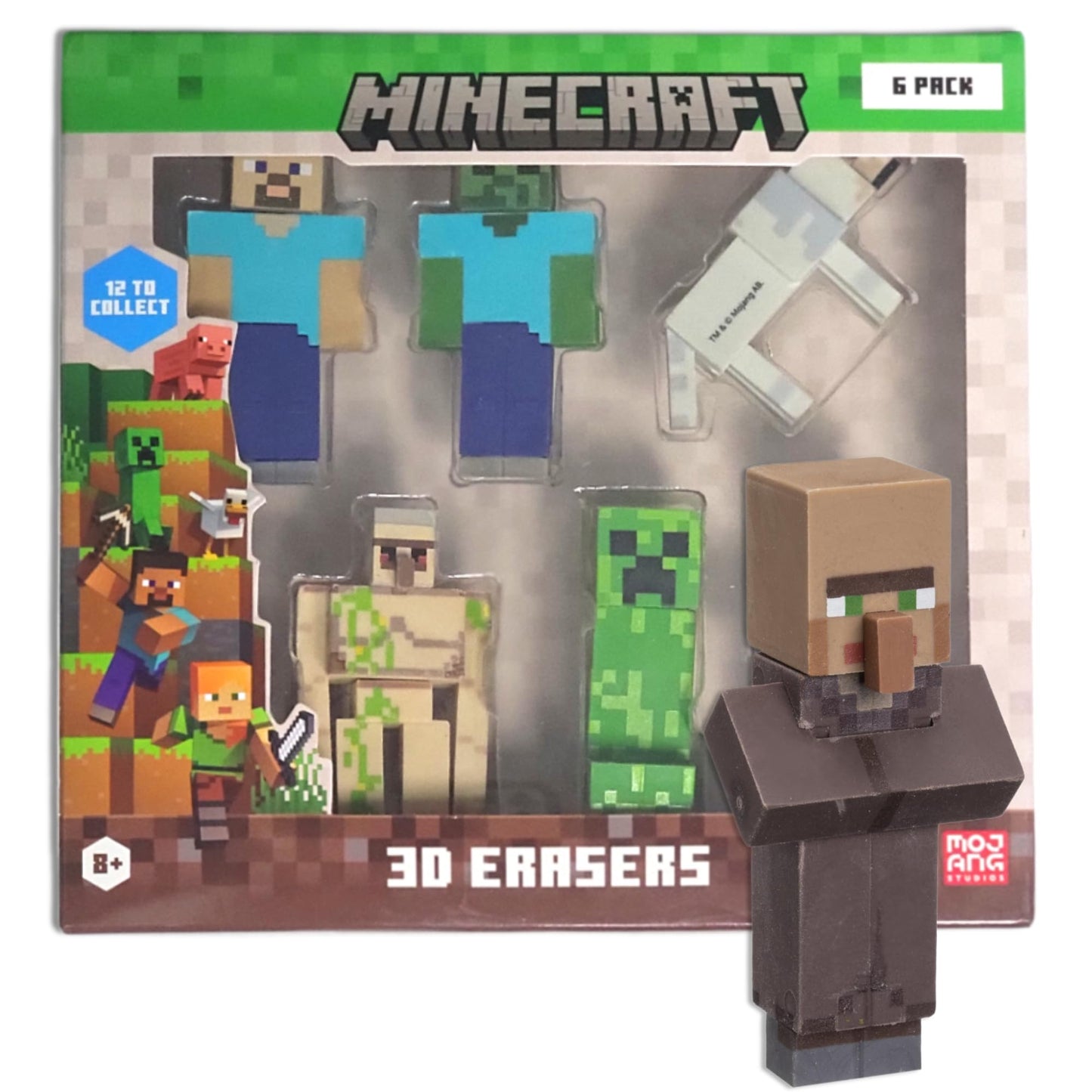 Mine Craft 3D Erasers, 6-Pack Deluxe Collector Set, 12 Iconic Characters to Collect, Own The Entire Series (Steve,Iron Golem,Vil